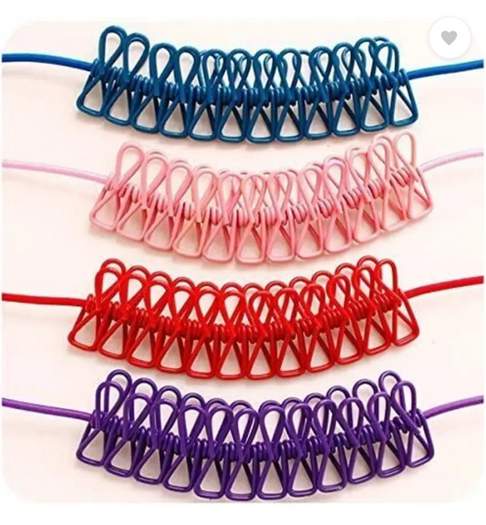 Cloth Drying Rope With Hooks 12 Clips Travel Home Outdoor Indoor -Multicolor Plastic Retractable Clothesline (Pack Of 4)